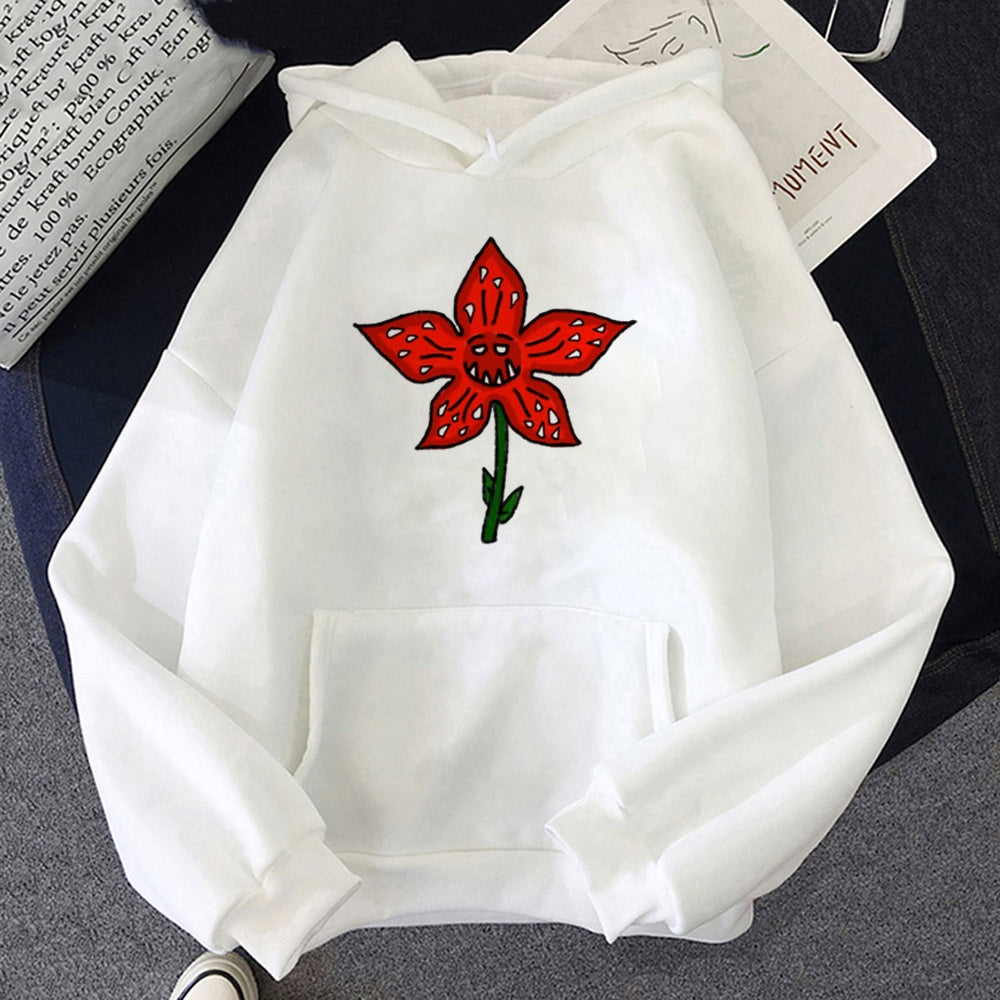 Weißer Hoodie Stranger Things Demogorgon-Blume, Motiv vorne aufgedruckt