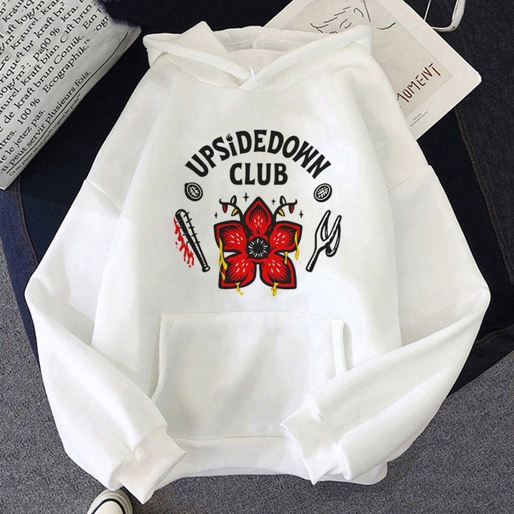 Weißer Hoodie Stranger Things Upside Down Club, Motiv vorne aufgedruckt