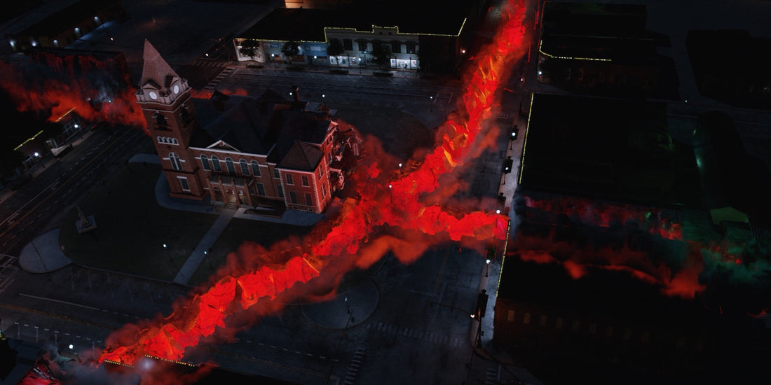Der rote Riss, der Hawkins zerreißt, aus der Luft gesehen, am Ende von Staffel 4 von Stranger Things