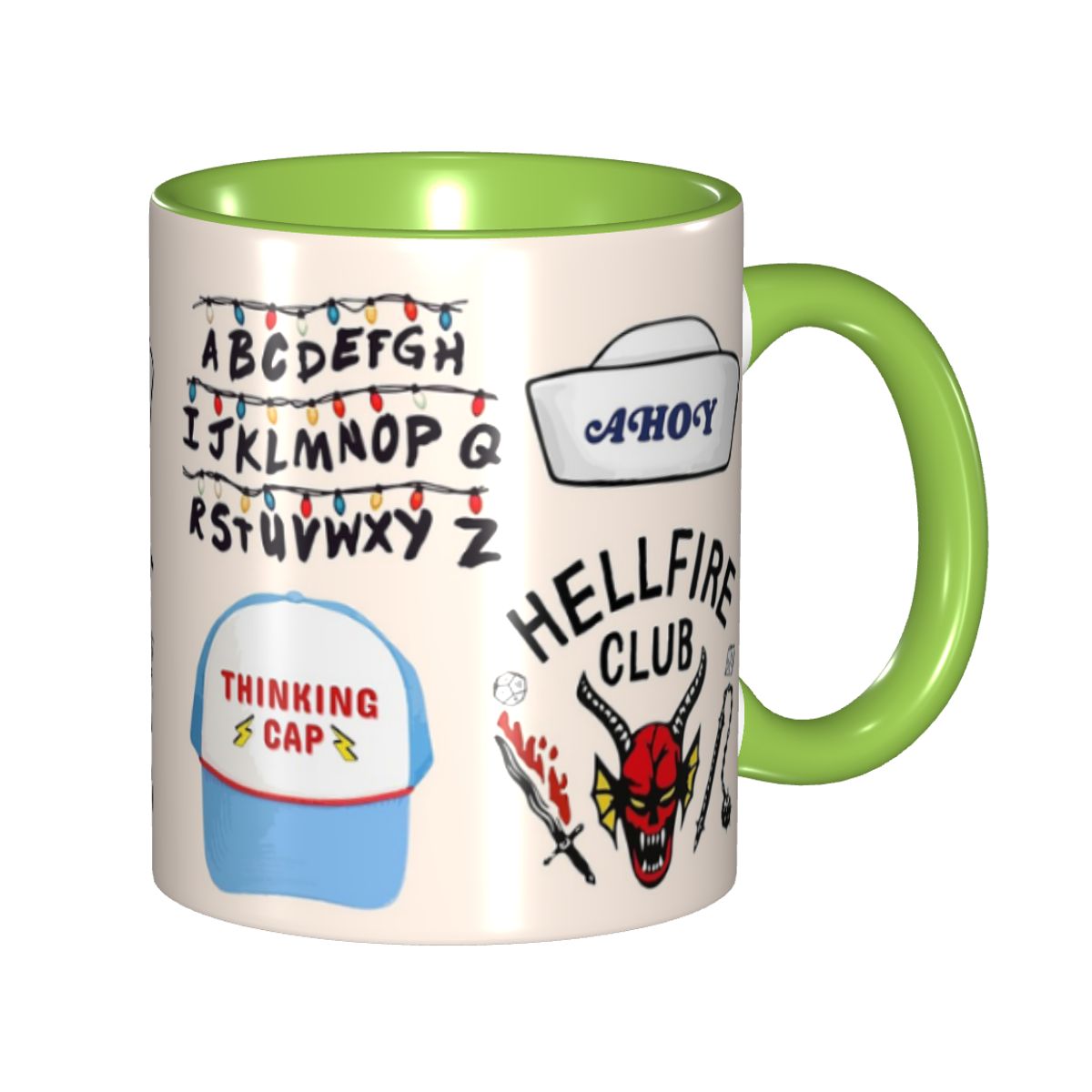 Mug Stranger Things stickers Hellfire Club et Thinking Cap – coloris Vert