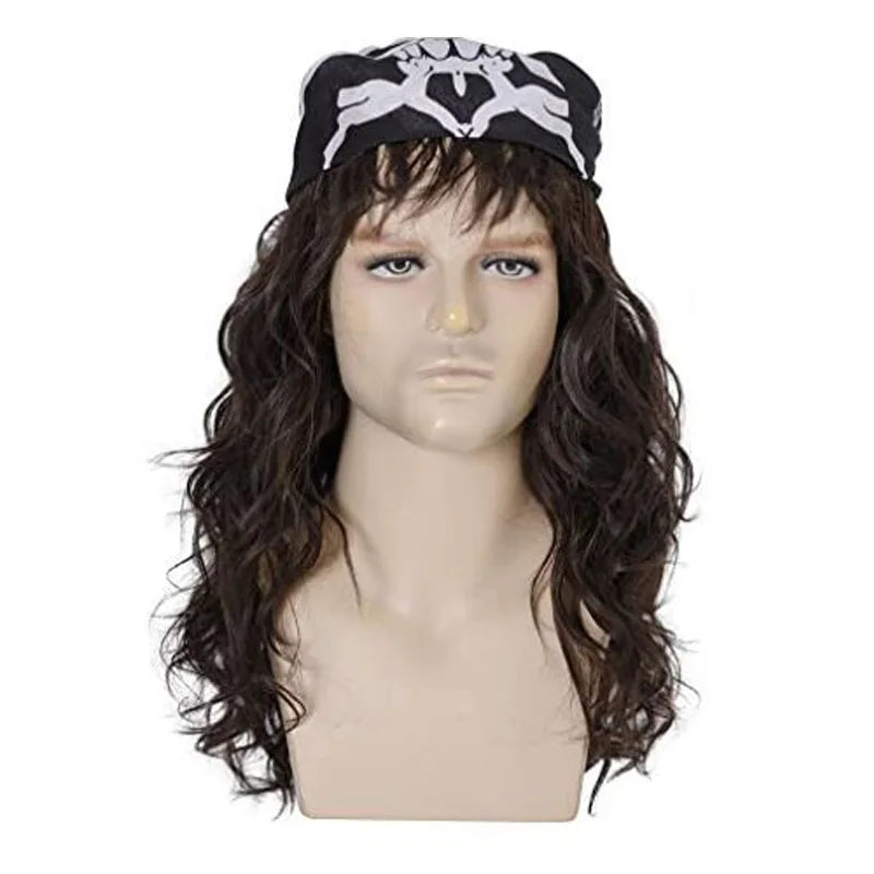Eddie Munson Perücke Stranger Things mit schwarzem Bandana mit weißem Muster