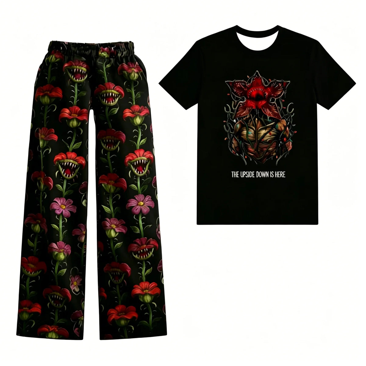 Stranger Things Damen-Pyjama mit schwarzem Blumen-Demogorgon-T-Shirt und Hose mit fleischfressenden Blumen