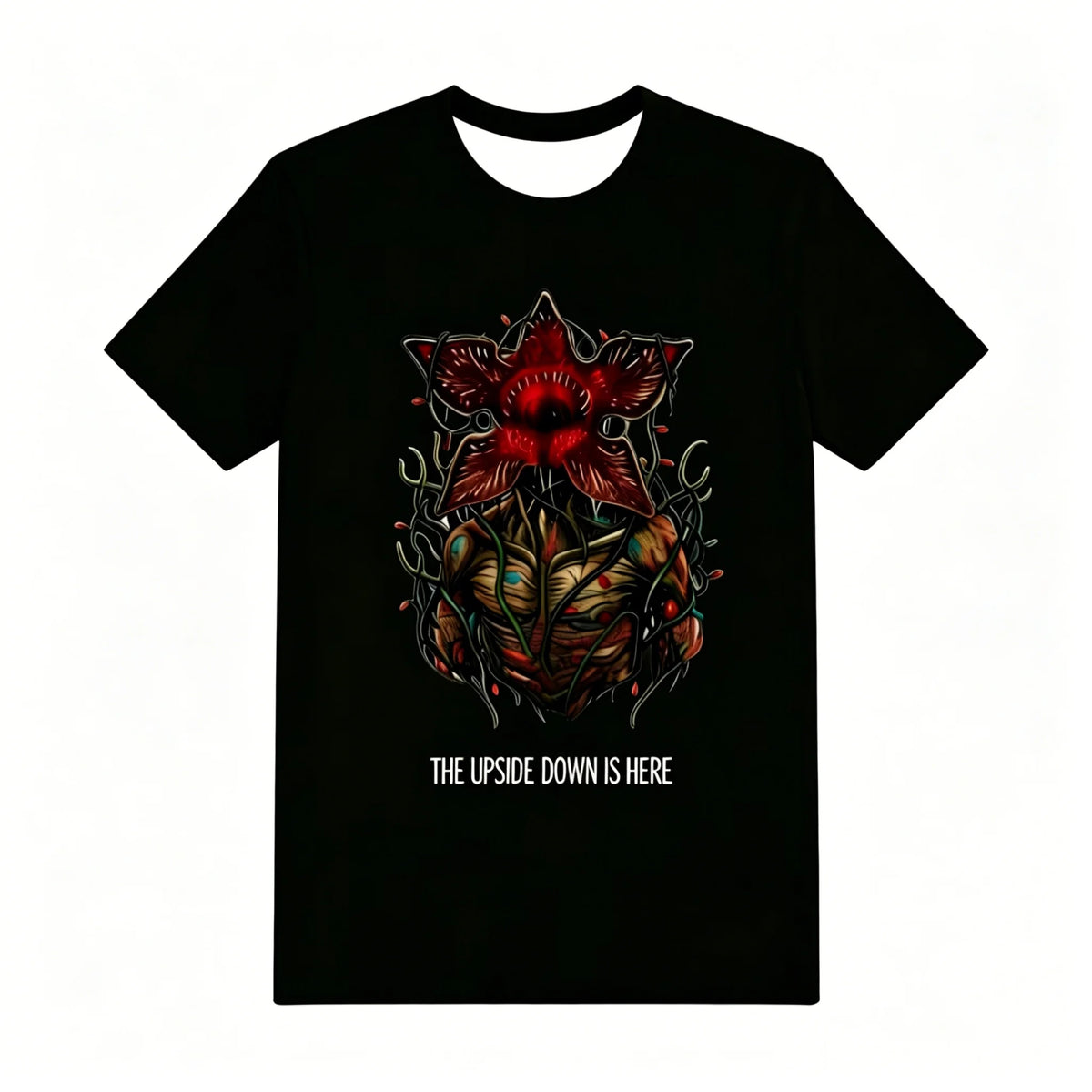 Schwarzes T-Shirt des Stranger Things Pyjamas, Demogorgon aus Blumen und Schriftzug The Upside Down Is Here