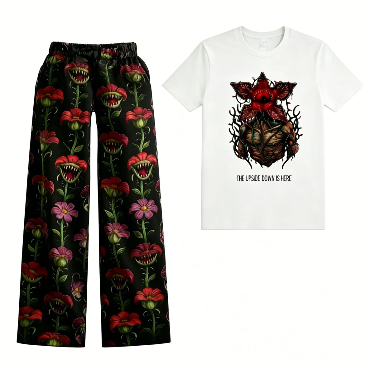 Stranger Things Damen-Pyjama mit weißem Blumen-Demogorgon-T-Shirt und Hose mit fleischfressenden Blumen