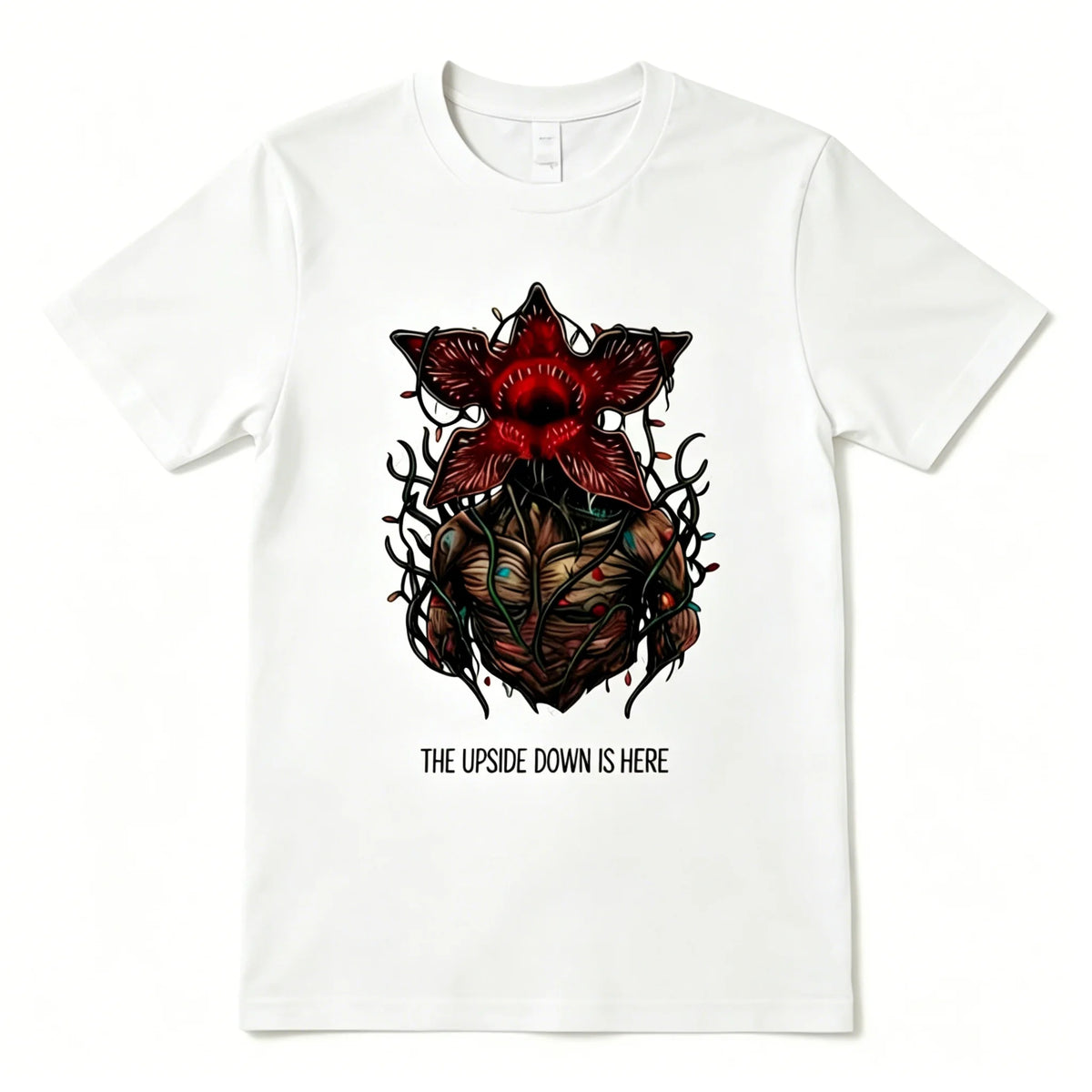Weißes T-Shirt des Stranger Things Pyjamas, Demogorgon aus Blumen und Schriftzug The Upside Down Is Here