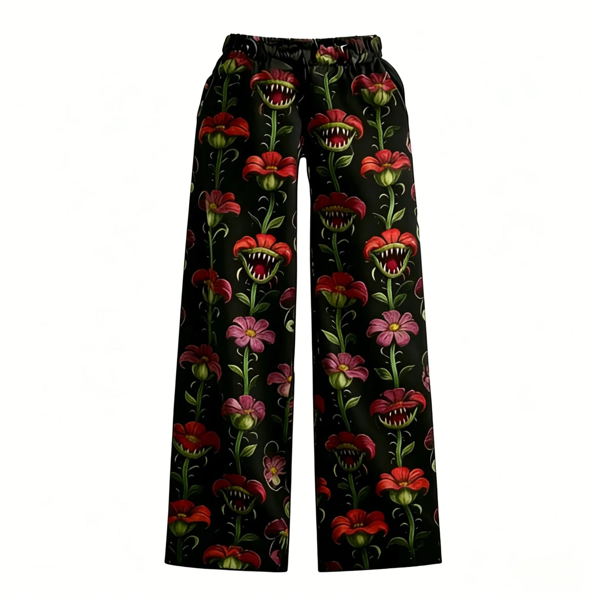 Stranger Things Pyjamahose mit roten und rosa fleischfressenden Blumen auf schwarzem Grund