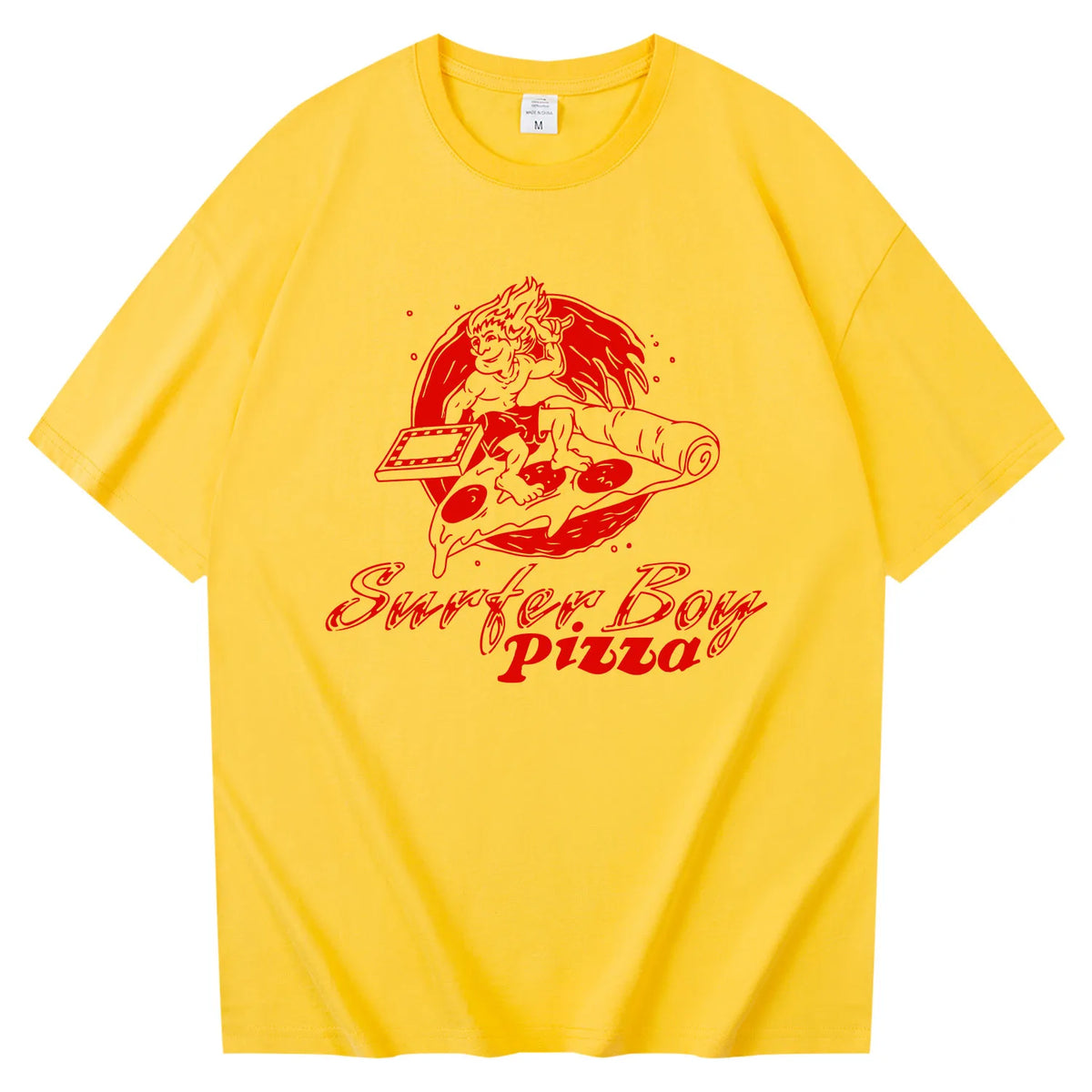 Gelbes Surfer Boy Pizza T-Shirt Stranger Things, rotes Logo von Argyles Pizzeria vorne
