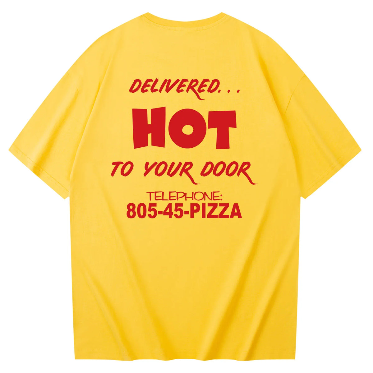 Rückseite des Surfer Boy Pizza T-Shirts Stranger Things, Delivered Hot to your door und 805-45-PIZZA