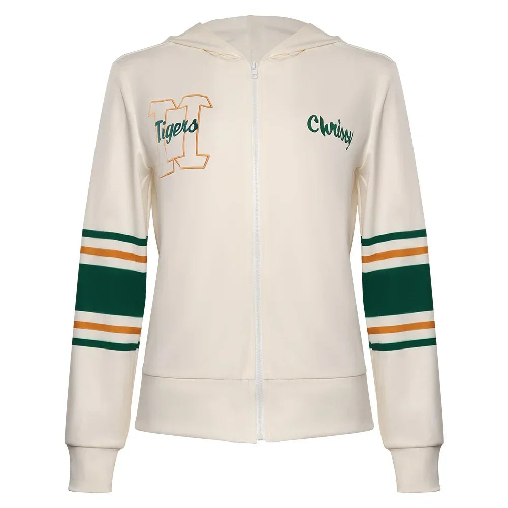 Chrissy-Jacke Stranger Things mit Reißverschluss von vorne, Stickereien H Tigers und Chrissy