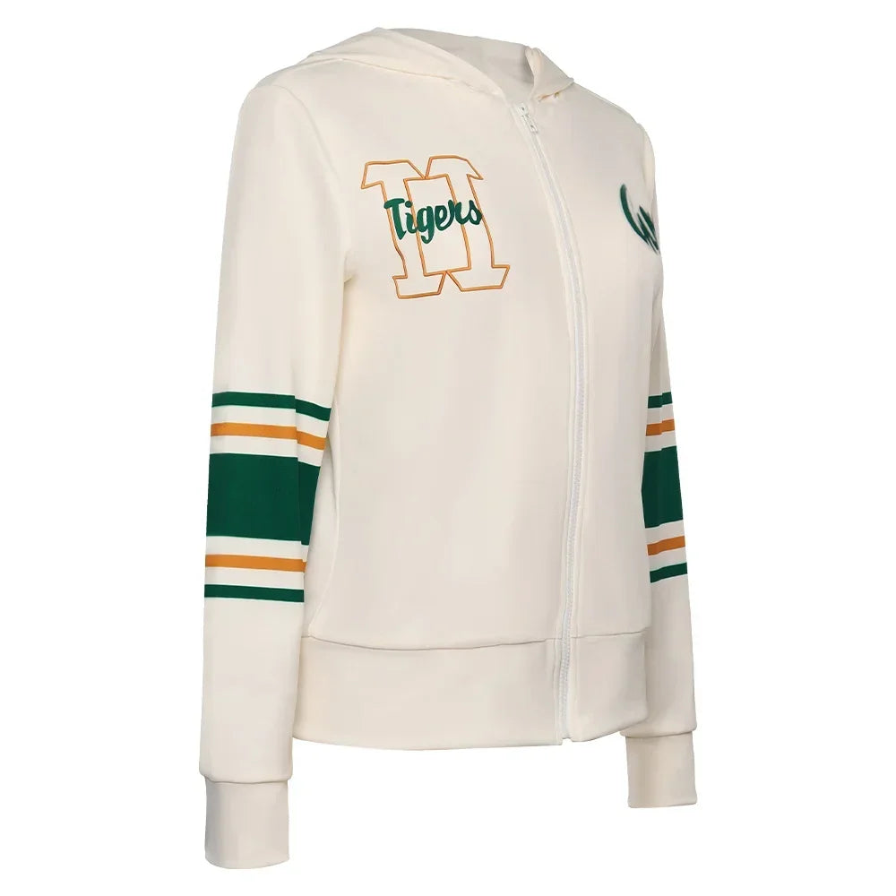 Cosplay-Jacke Chrissy Stranger Things im Dreiviertelprofil, Abzeichen H Tigers