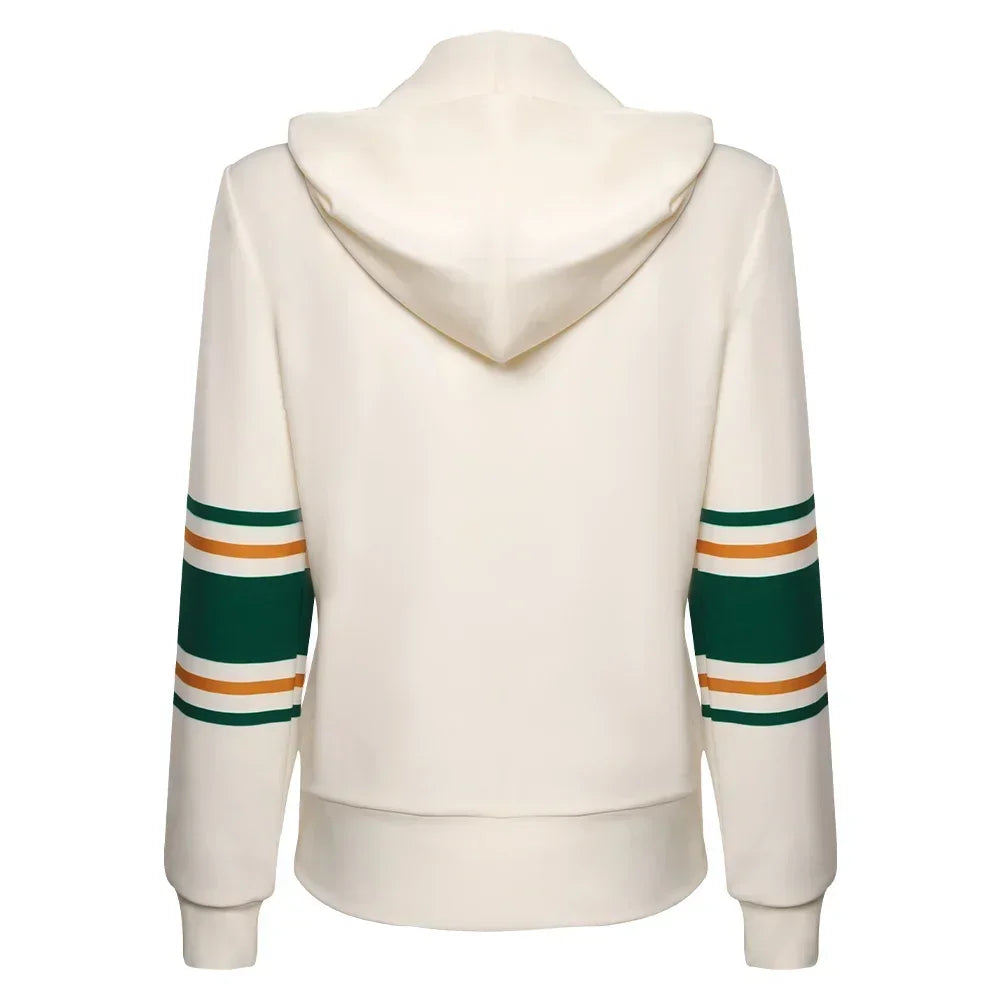 Rückseite der Cosplay-Jacke Chrissy Stranger Things, Kapuze und gestreifte Ärmel