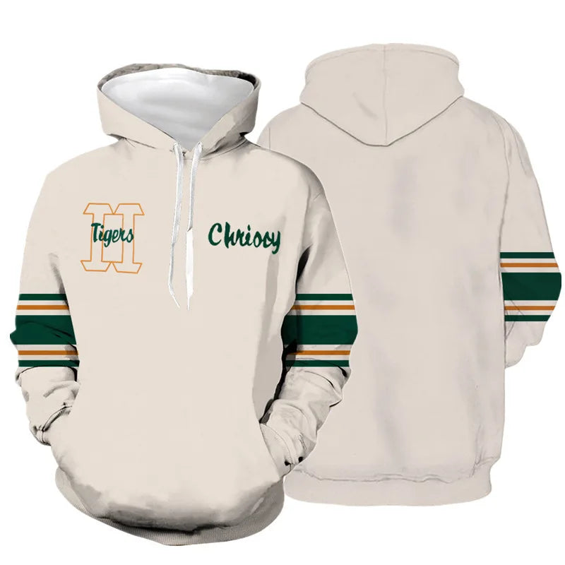Cosplay-Kapuzenpullover Stranger Things Chrissy, cremefarben mit gestreiften Ärmeln, von vorne und hinten