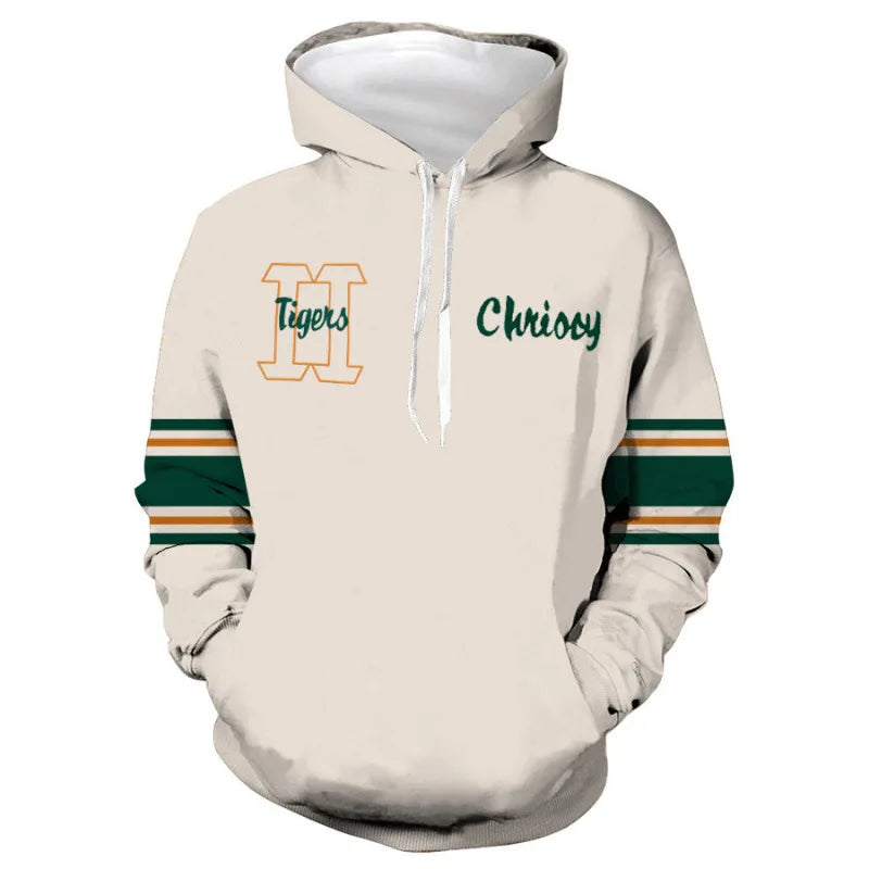 Chrissy-Kapuzenpullover Stranger Things von vorne, Stickereien H Tigers und Chrissy