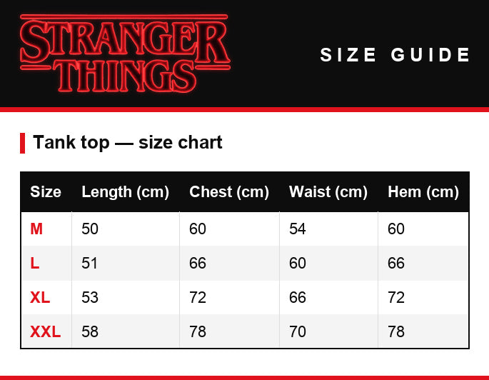 Größentabelle – Damen-Tanktop Stranger Things Hawkins Middle School