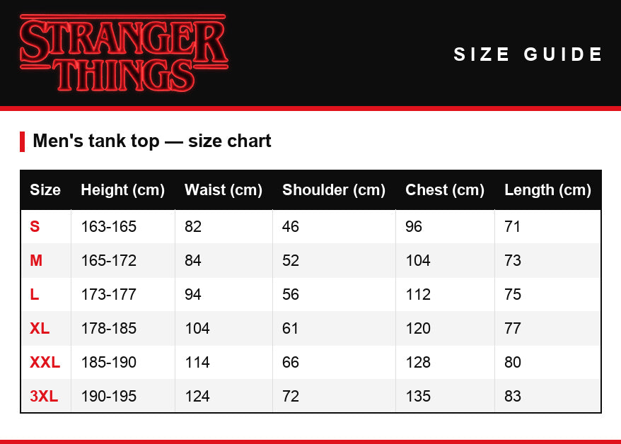 Größentabelle – Tanktop Stranger Things Welcome to Hawkins Indiana Wappen