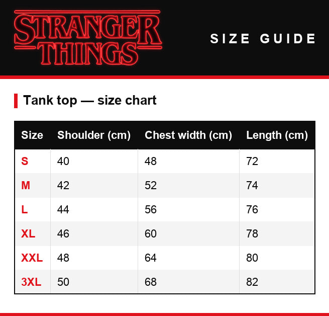 Größentabelle – Tanktop Stranger Things Mighty Hawkins Rangers