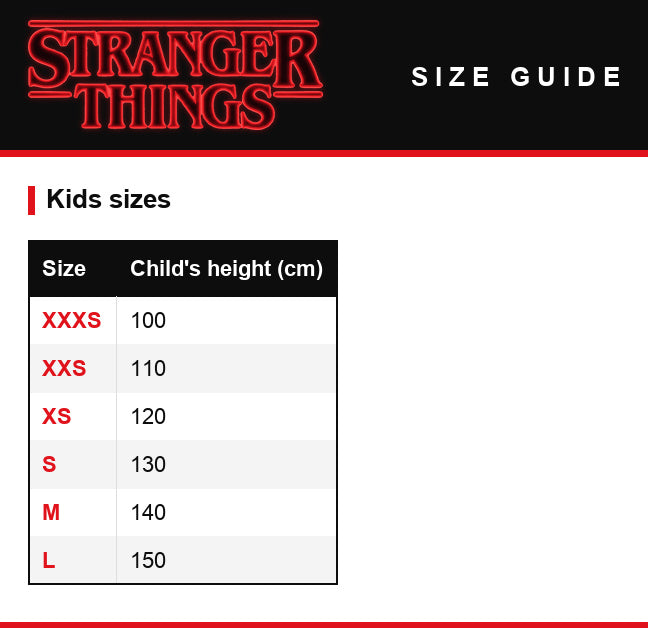Größentabelle – Kinder-T-Shirt grün Stranger Things Hawkins Demogorgon Run