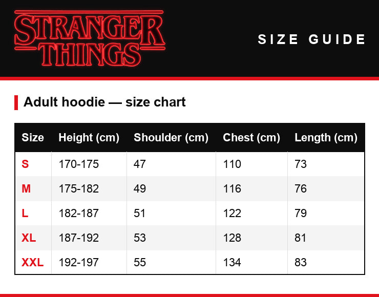 Größentabelle – Hoodie Stranger Things Very Merry Christmas kopfüber