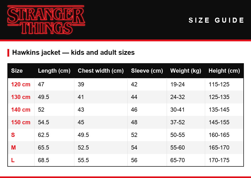 Größentabelle – Cheerleader-College-Jacke Stranger Things Hawkins