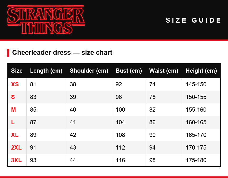 Größentabelle – Cheerleader-Kleid Stranger Things Hawkins High