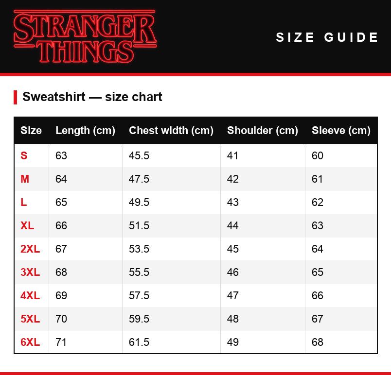 Größentabelle – Oversize-Sweatshirt Stranger Things Hawkins Strange School 1983