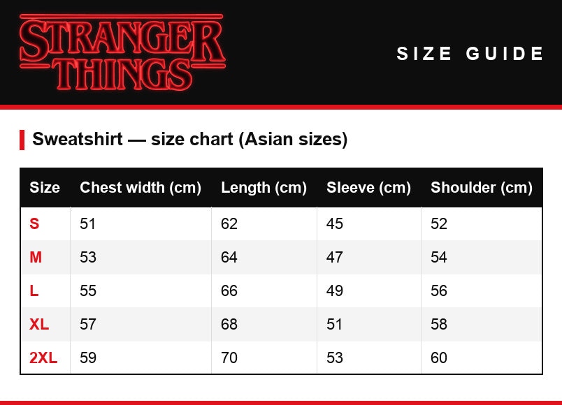 Größentabelle – Sweatshirt Stranger Things Hawkins Middle School Herren