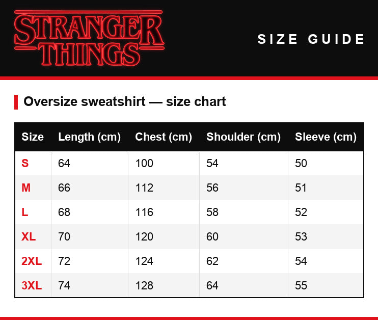 Größentabelle – Sweatshirt Stranger Things Hawkins Middle School 1984
