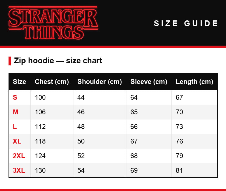 Größentabelle – Kapuzen-Sweatjacke mit Reißverschluss Stranger Things Demogorgon Live 1987