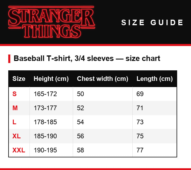 Größentabelle – Herren-Baseballshirt mit 3/4-Ärmeln Stranger Things Welcome to Hawkins Indiana Wappen