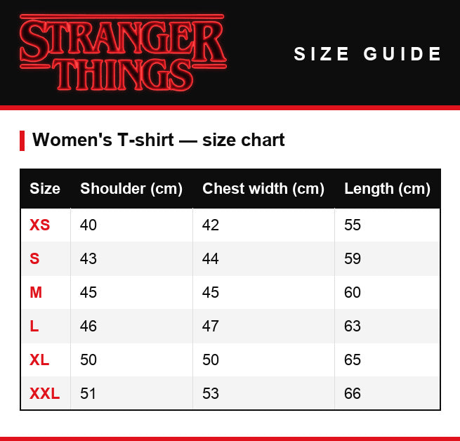 Größentabelle – Damen-T-Shirt Stranger Things Hawkins High School 1986