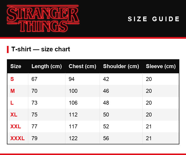 Größentabelle – Herren-T-Shirt Stranger Things Hawkins Middle School 1983