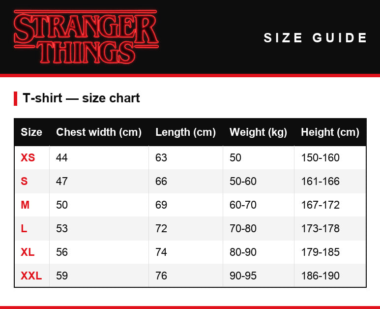 Größentabelle – Herren-T-Shirt Stranger Things Adopt a Demodog