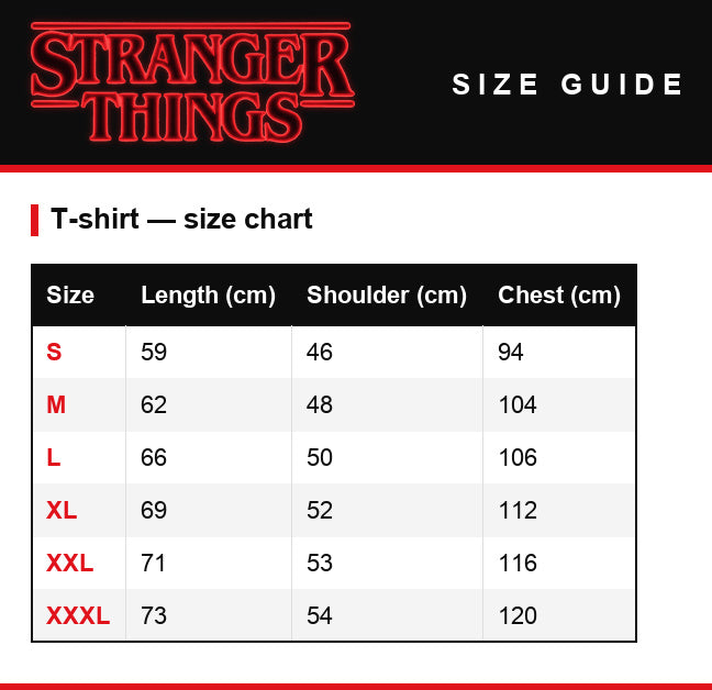 Größentabelle – Kapuzenpullover Stranger Things Hawkins Strange School 1983
