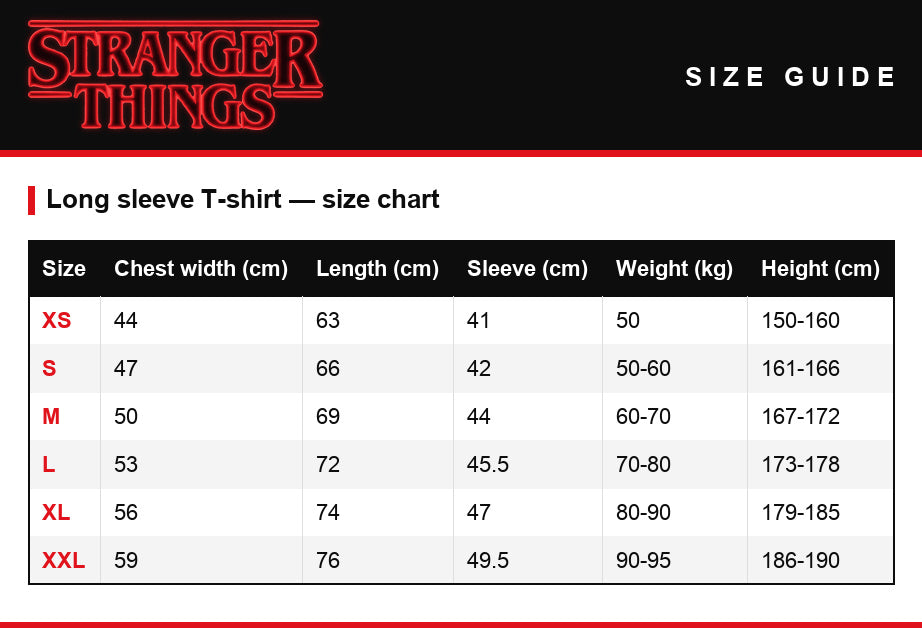 Größentabelle – Herren-T-Shirt Stranger Things Alphabetwand Lichterkette