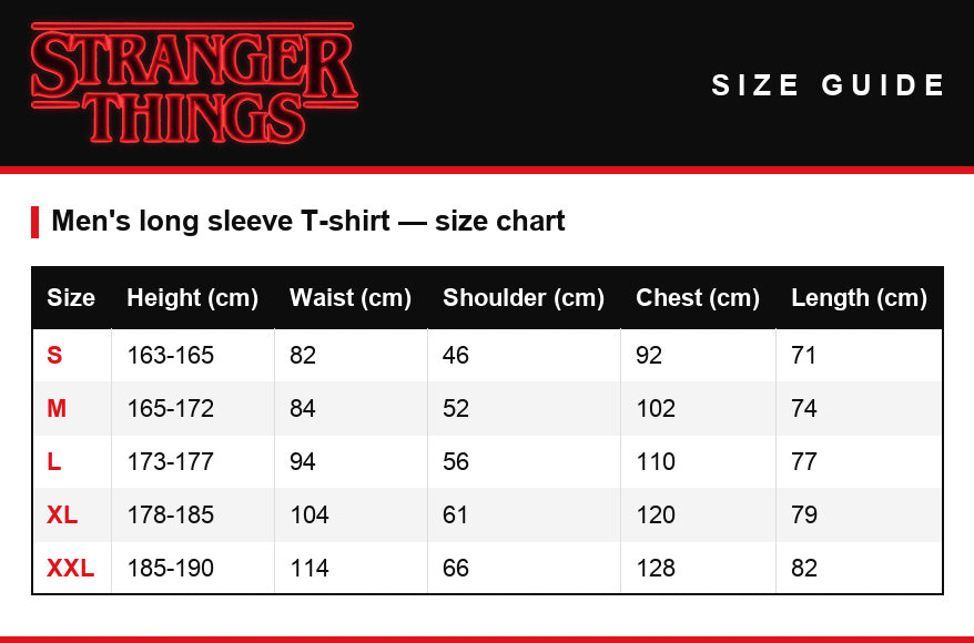 Größentabelle – Herren-Langarmshirt Stranger Things Stranger Kittens