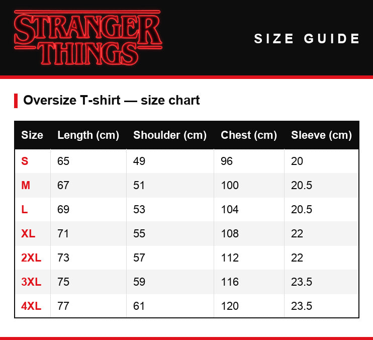 Größentabelle – Damen-T-Shirt oversize Stranger Things Harrington Babysitting Services