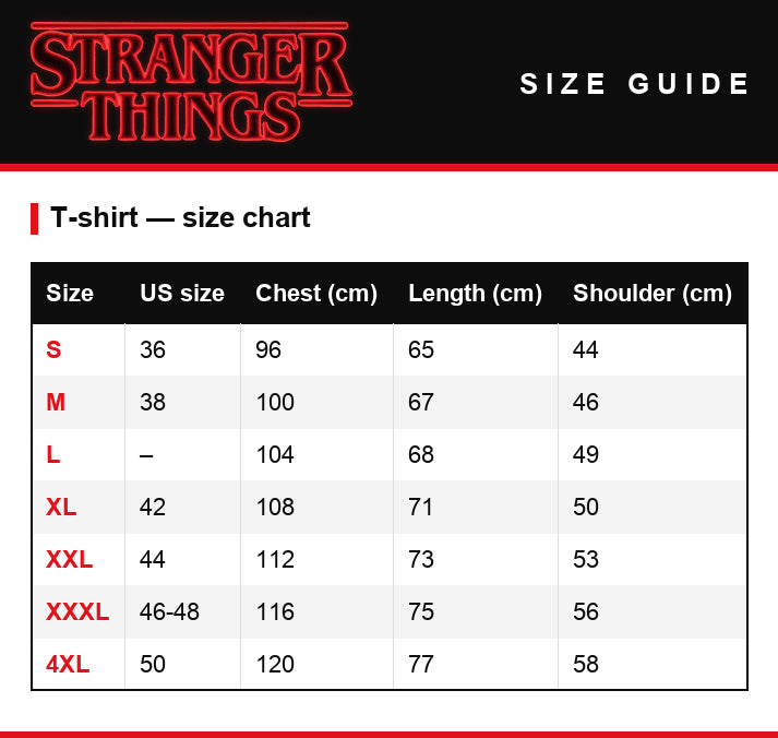 Größentabelle – Herren-T-Shirt Stranger Things Scoops Ahoy