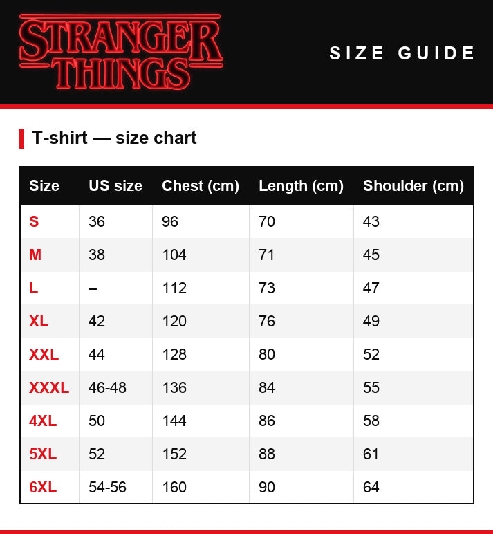 Größentabelle – Herren-T-Shirt Stranger Things Eddie Munson The Banished