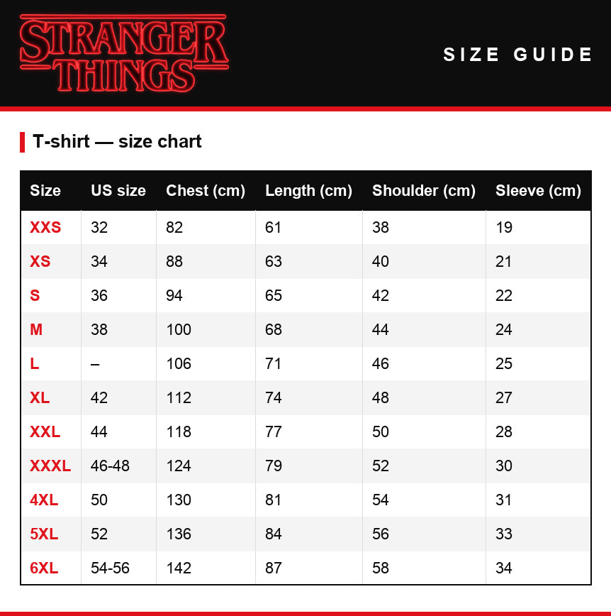 Größentabelle – Herren-T-Shirt Stranger Things Hawkins Gaming Club